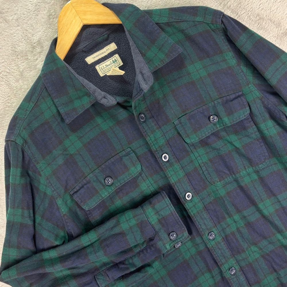 L.L. Bean Traditional Fit Flannel Shirt Jacket Navy Green Plaid Fleece Lined M